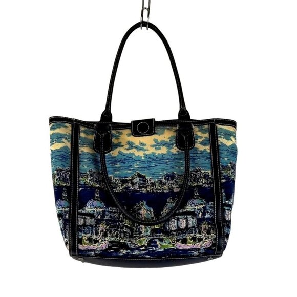 Talbots Tote Bag Venice Waterscape Navy Blue Canvas Brocade Weave Purse - Picture 4 of 12